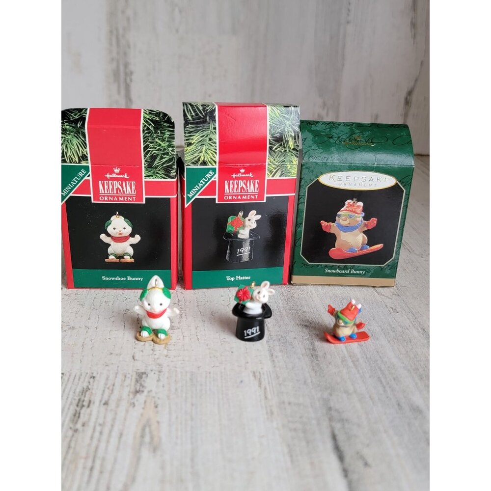 Hallmark snow board bunny‎ variety ornament miniature set magic hat